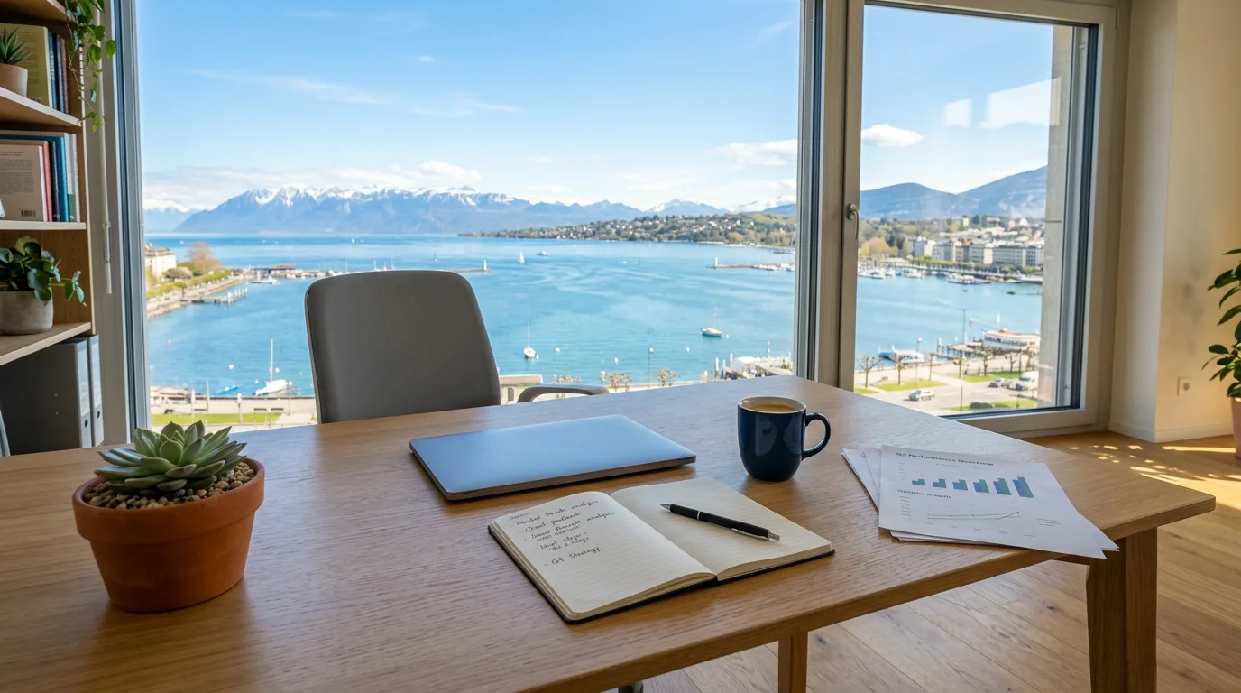 Vue lac et montagnes depuis bureau conseil financier Genève