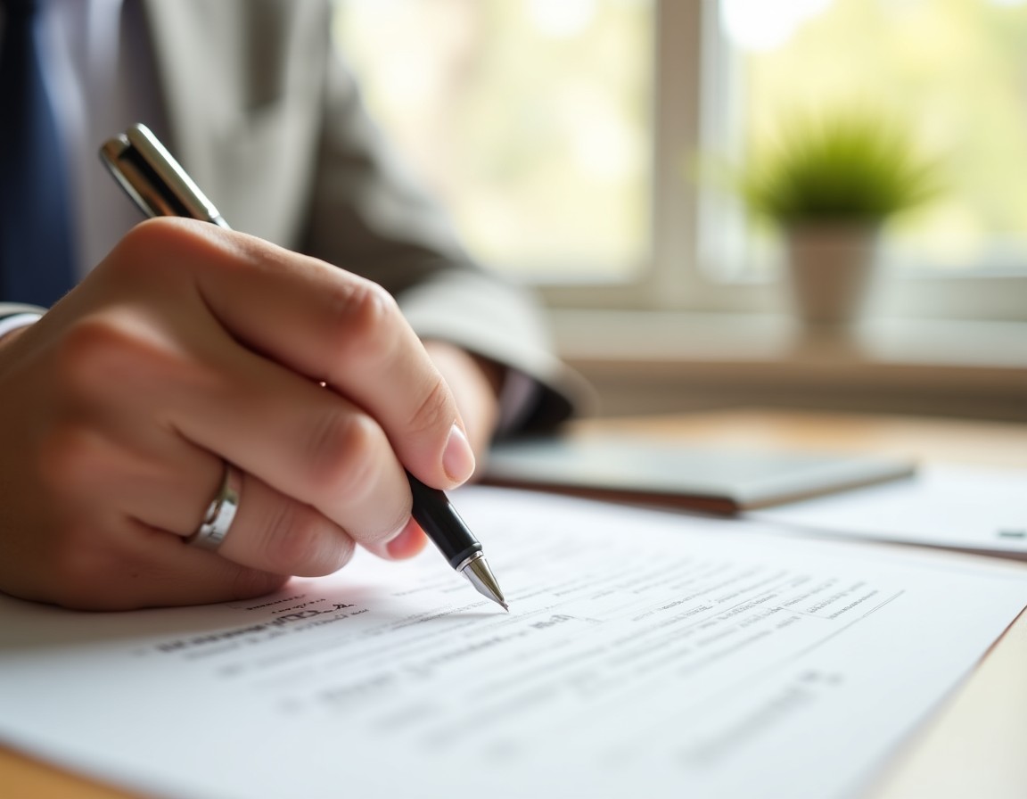 Bureau professionnel avec documents financiers, ambiance sobre et lumineuse